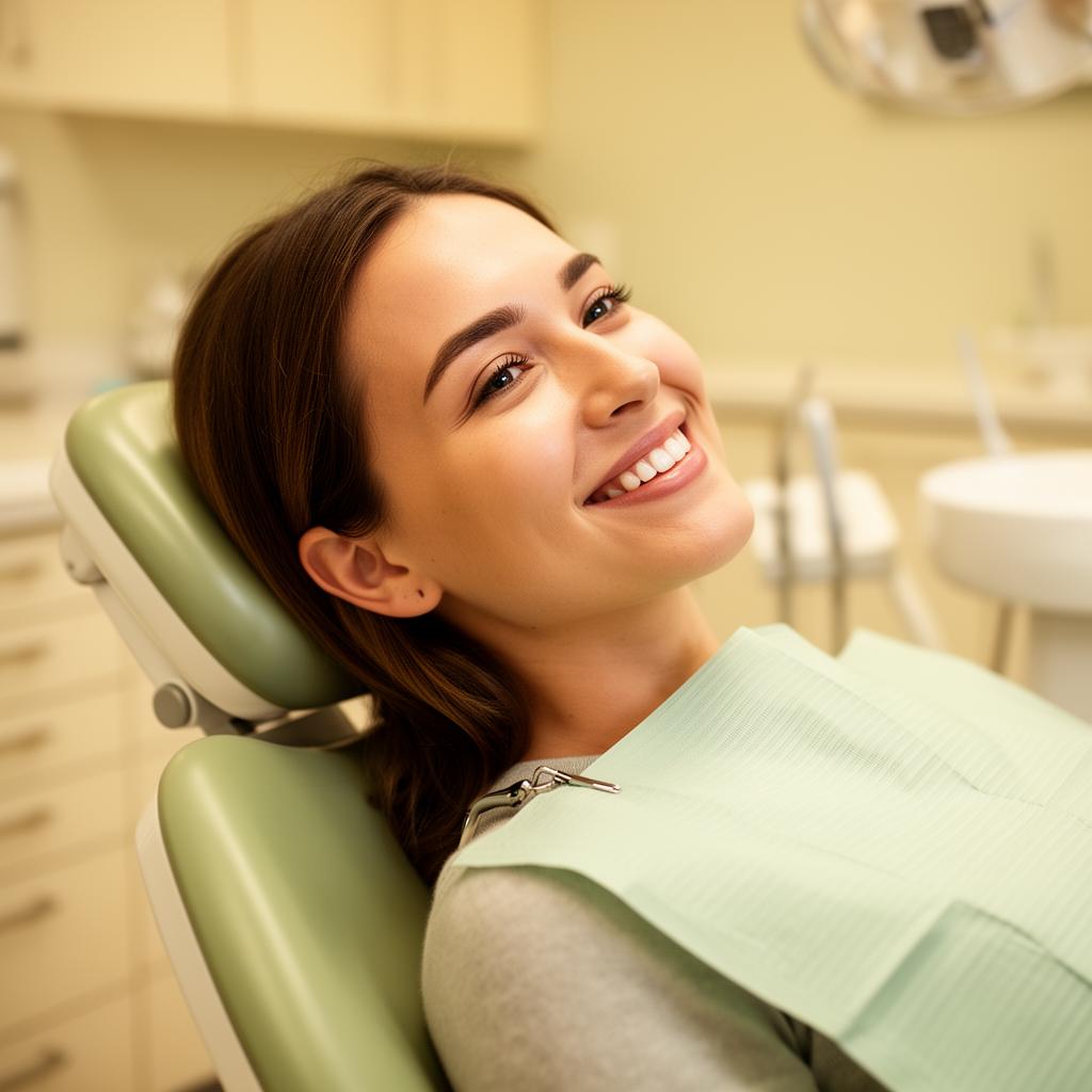 Patient smiling, relaxed in a calm dental setting